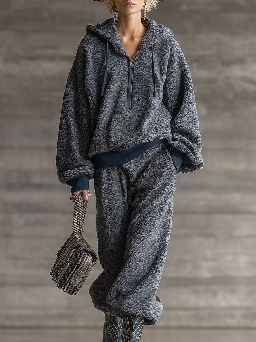 Ensemble Sportif Casual Gris en Polaire à Demi-Zip au Style Rétro