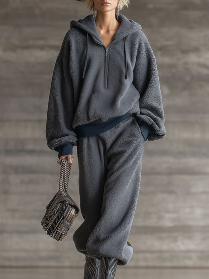 Ensemble Sportif Casual Gris en Polaire à Demi-Zip au Style Rétro