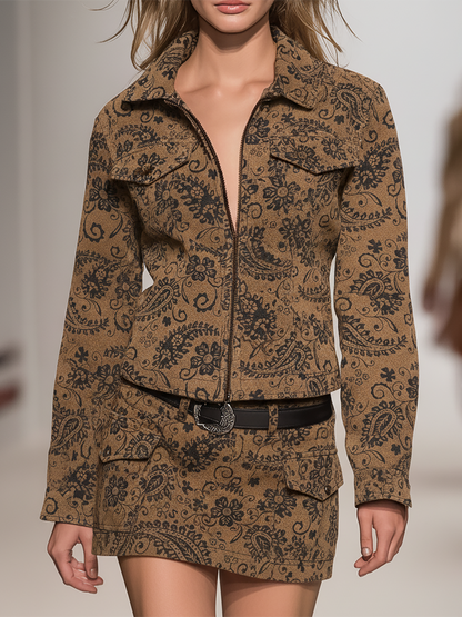 Veste et Jupe en Faux Suède avec Imprimé Paisley au Style Western Vintage