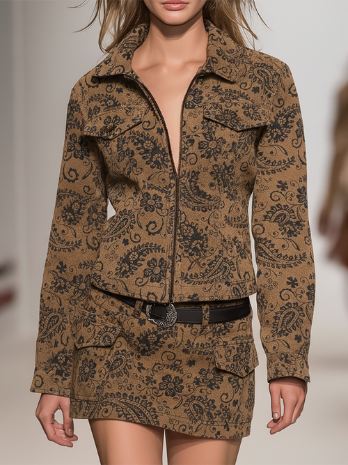 Veste et Jupe en Faux Suède avec Imprimé Paisley au Style Western Vintage