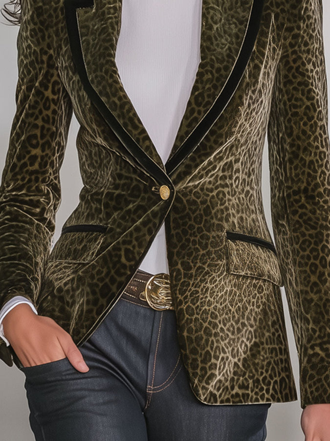 Veste en Velours Léopard Rétro avec Détails Contrastants