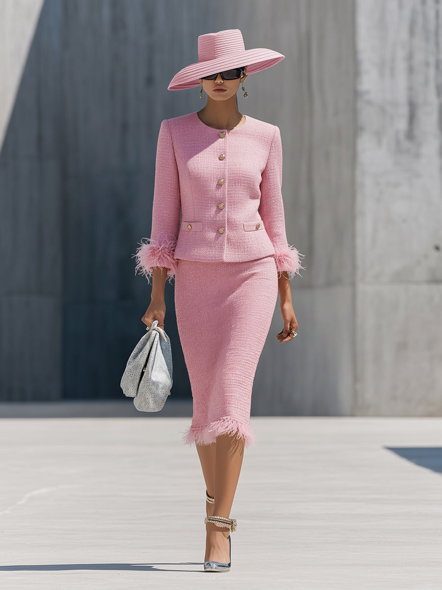 Chic Ensemble en Tweed : Veste à Col Rond et Jupe à Boutons