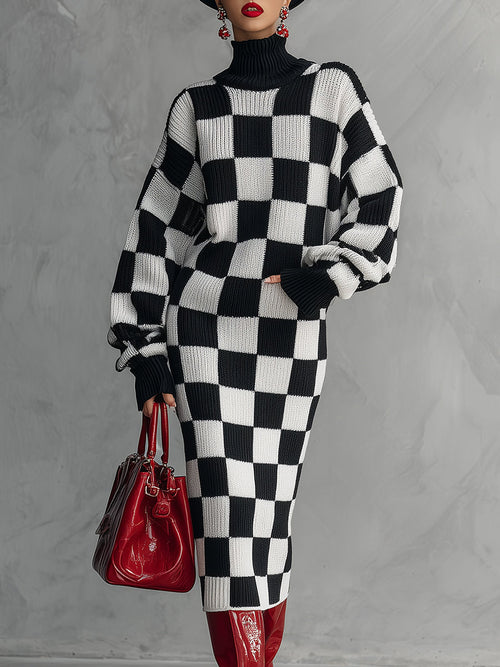 Robe Midi Tricotée à Motif Damier Noir et Blanc : Élégance Rétro et Tendance