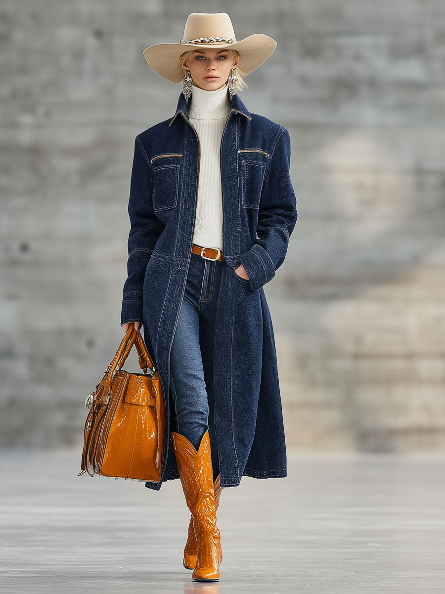Veste en Denim Bleu Marine à Demi-Fermeture Éclair - Style Décontracté Rétro