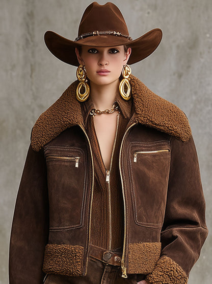 Veste Sherpa en Suède Synthétique avec Fermeture Éclair et Col Western