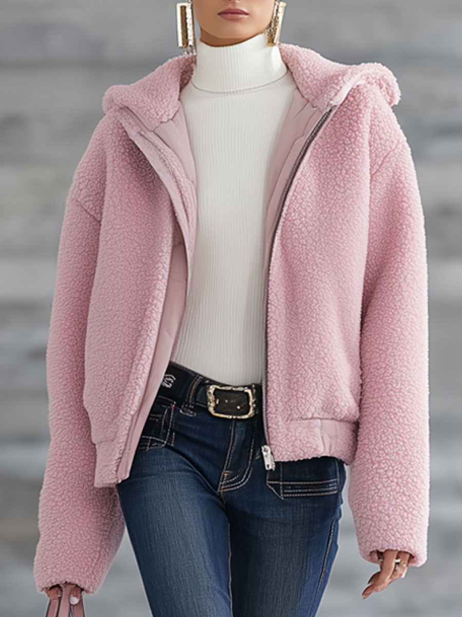 Veste Polaire Rétro à Capuche Zippée Rose
