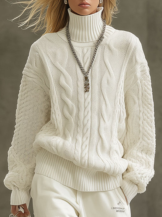 Pull Rétro Blanc à Col Roulé en Maille Torsadée