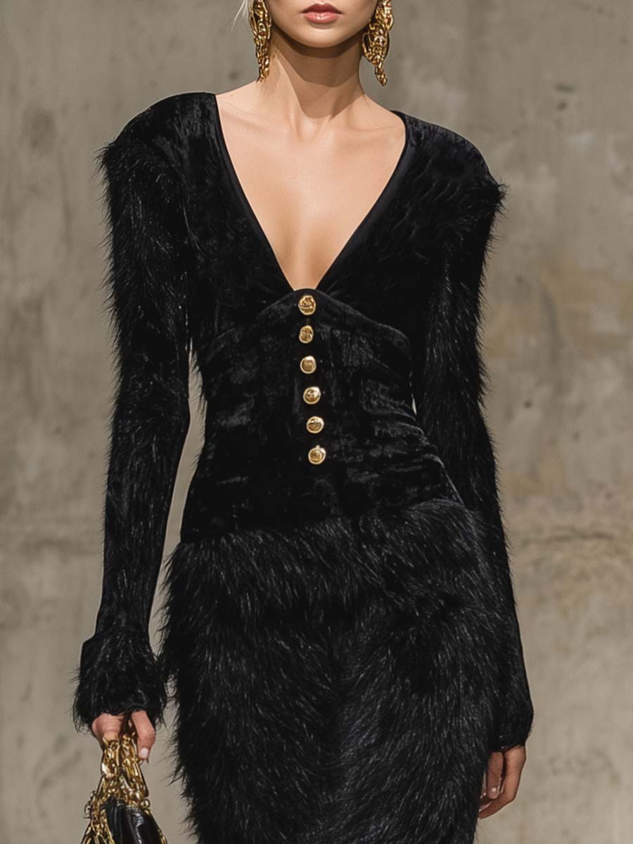 Robe Maxi Élégante au Col V Rétro avec Boucle Métallique, Épaules en Velours Noir et Ourlet en Fourrure Synthétique