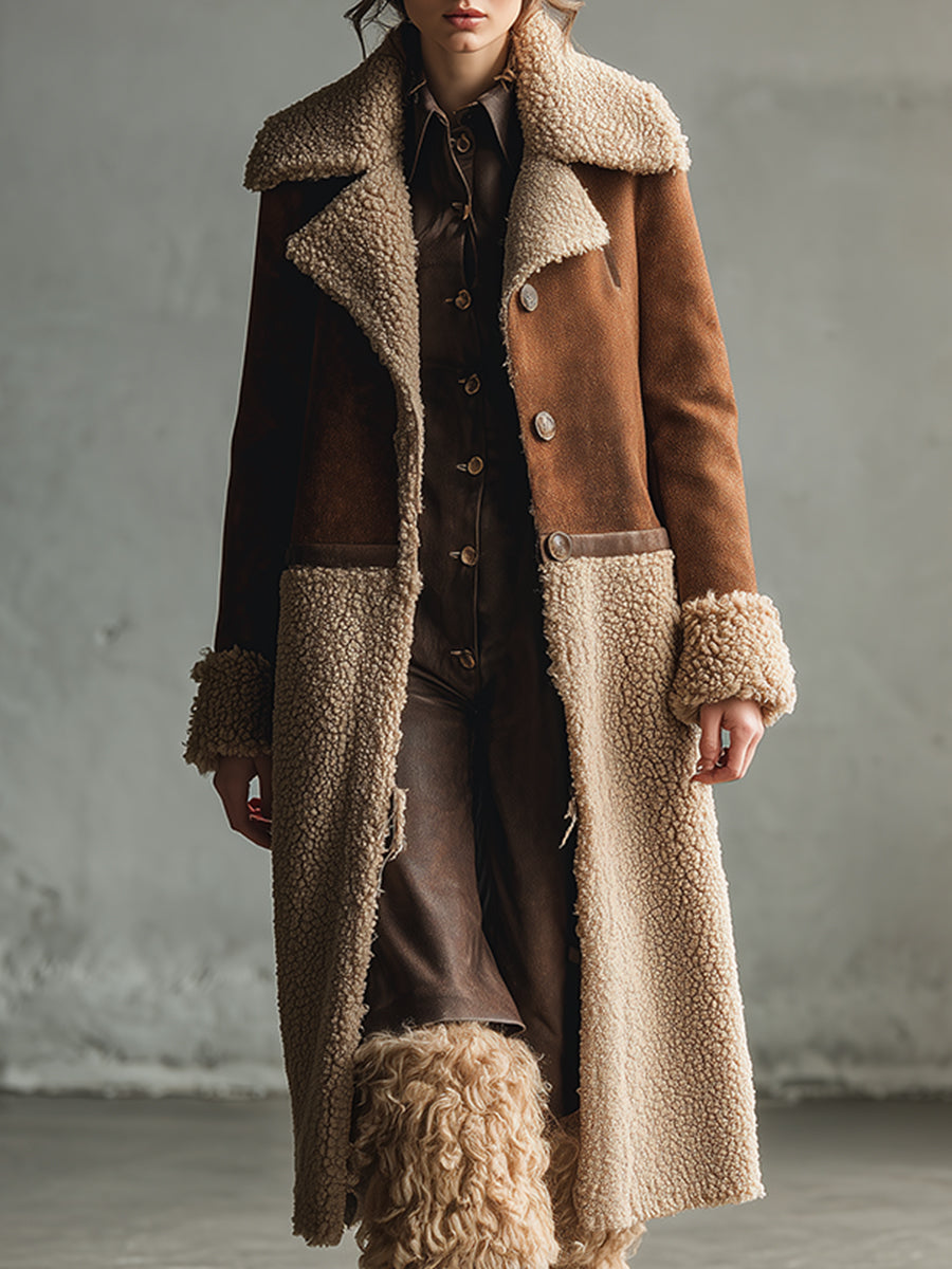 Veste mi-longue en faux suède marron au style western rétro, doublée en polaire