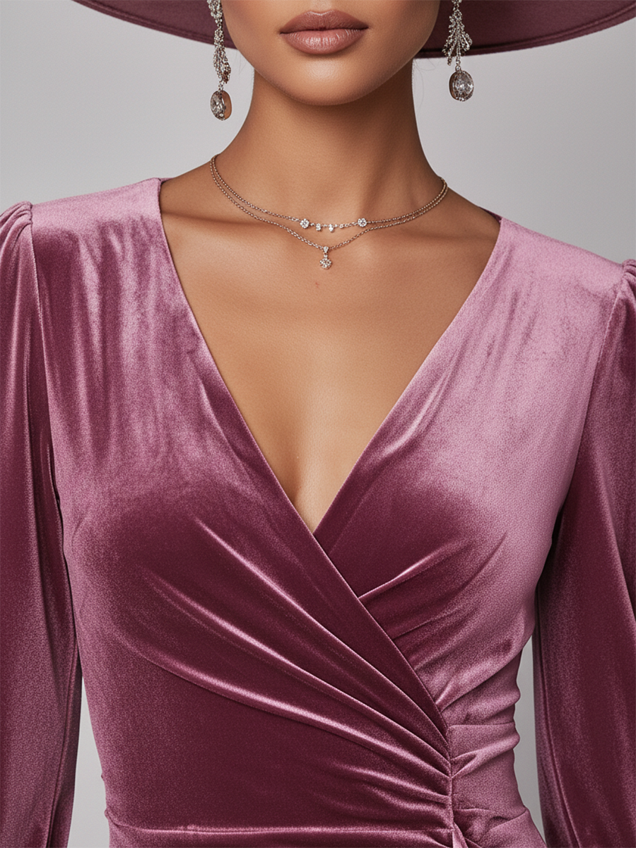 Robe Maxi en Velours Élégante avec Volants, Manches Longues et Décolleté en V