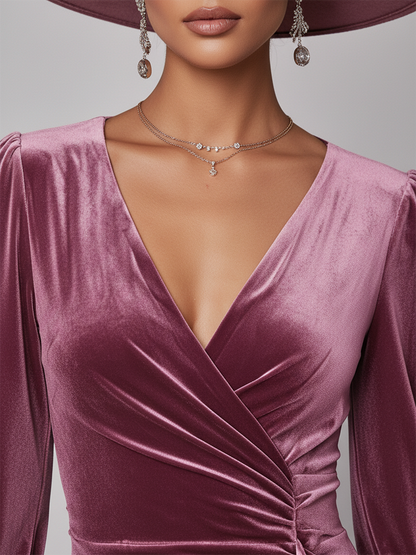 Robe Maxi en Velours Élégante avec Volants, Manches Longues et Décolleté en V