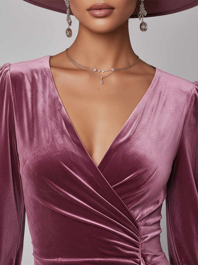 Robe Maxi en Velours Élégante avec Volants, Manches Longues et Décolleté en V
