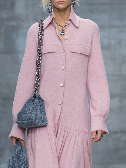 Robe Midi Plissée Rétro en Tricot Rose à Manches Longues