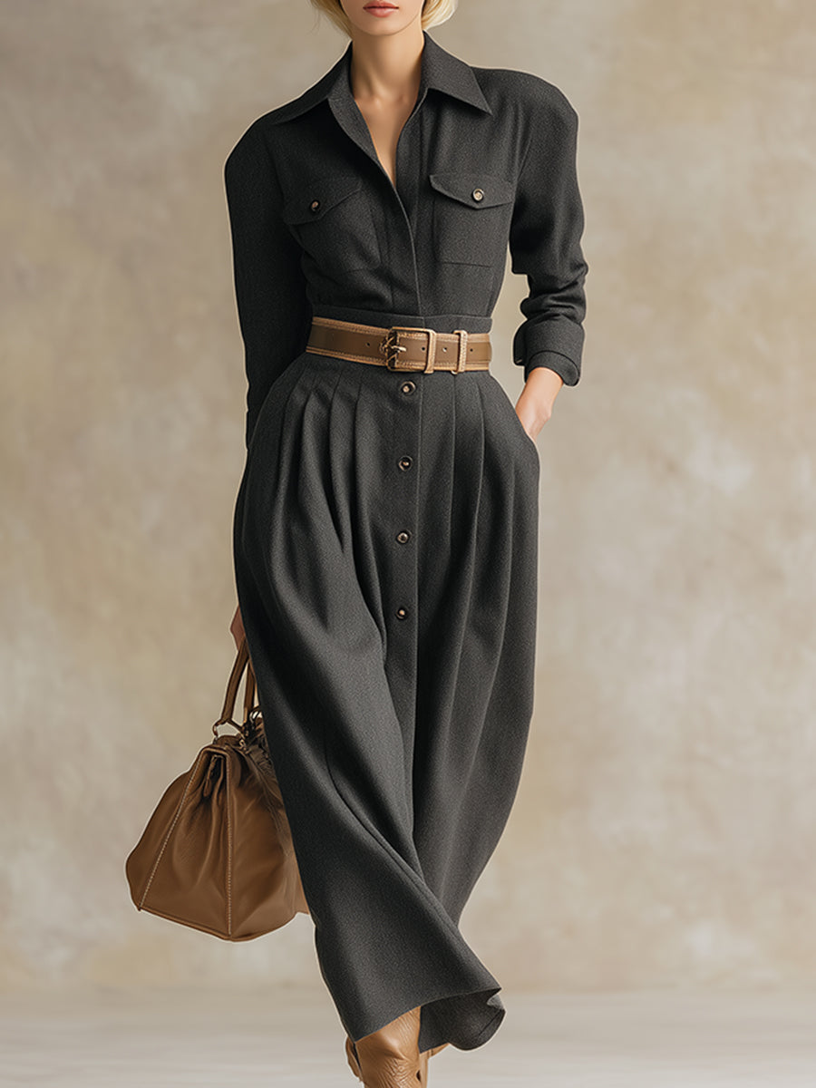 Robe Maxi Élégante en Laine Grise avec Col et Ceinture - Luxe à Chaque Détail