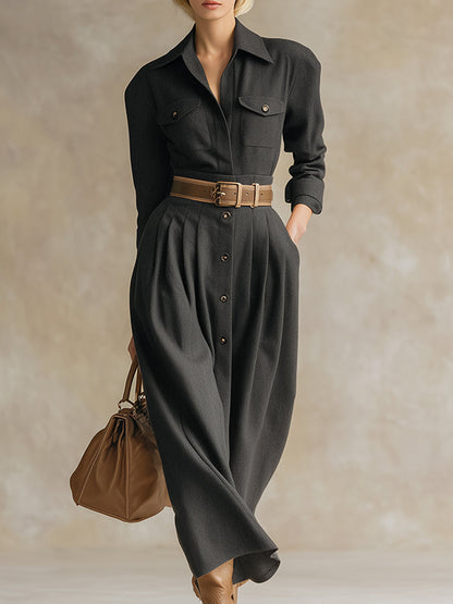 Robe Maxi Élégante en Laine Grise avec Col et Ceinture - Luxe à Chaque Détail