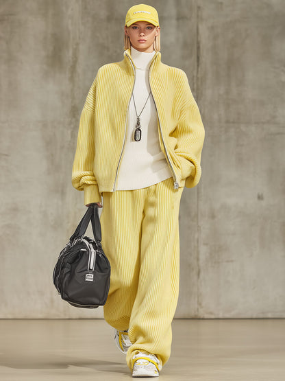 Ensemble Tricot : Cardigan Zippé à Col Montant et Pantalon Large