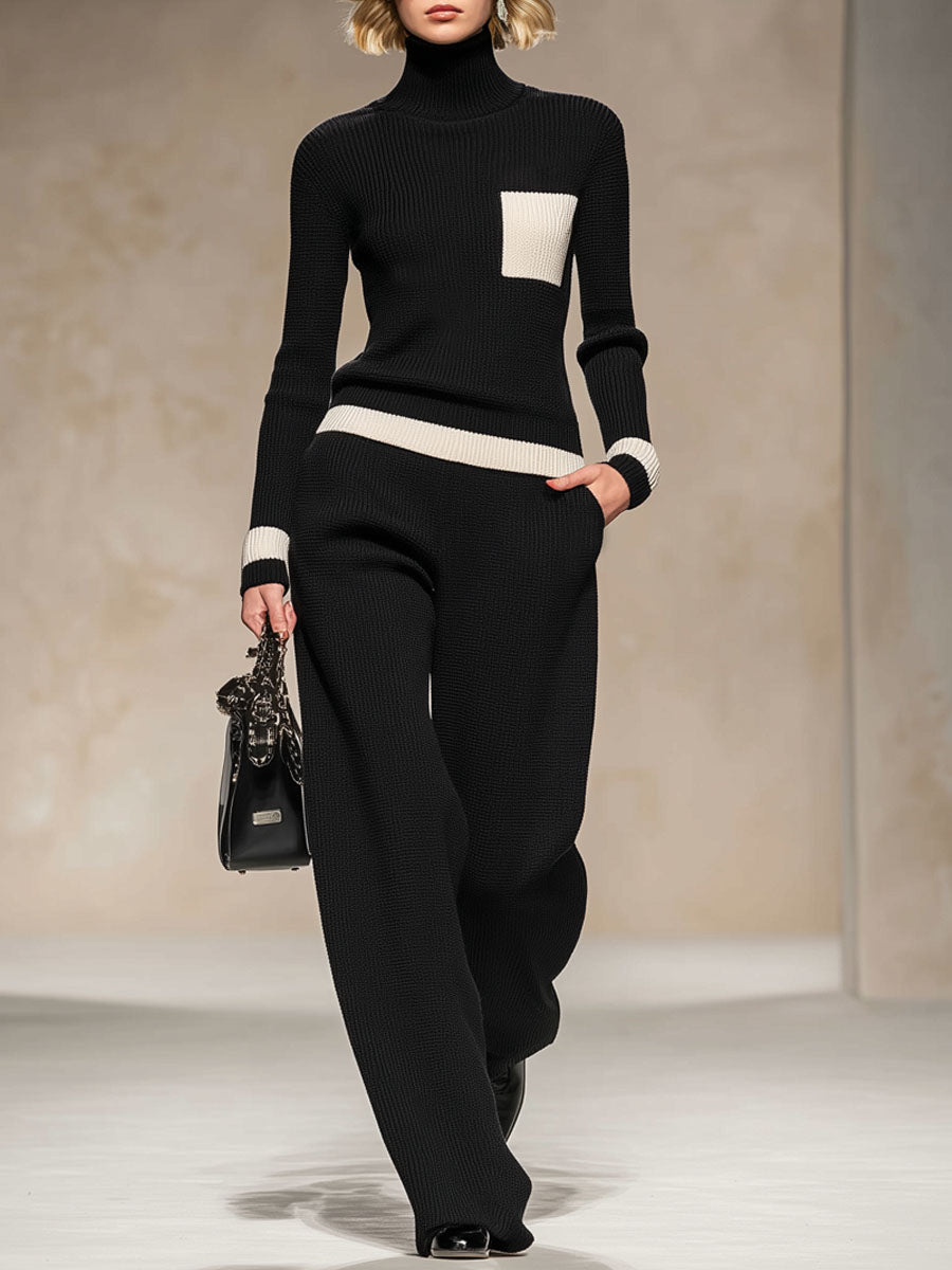 Ensemble Tricoté Chic : Pull Col Roulé Contrasté et Pantalons Évasés