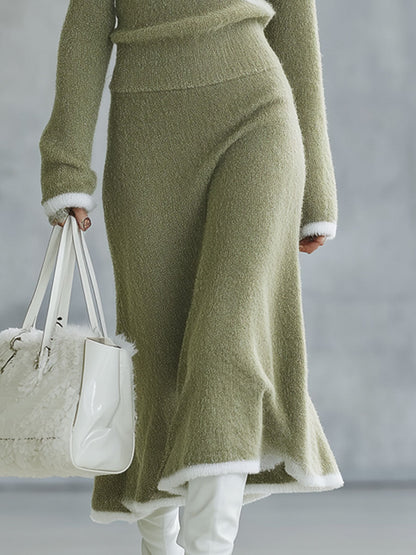 Ensemble Rétro en Laine Tricotée : Jupe Longue et Pull Vert Clair