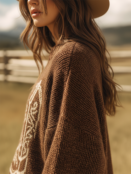 Pull Vintage Col Rond à Motif de Bottes Western
