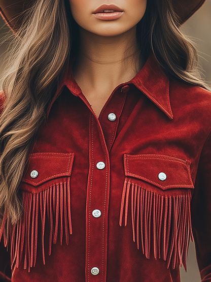 Chemise Western Cowboy Rouge en Daim à Manches Longues avec Col à Revers et Franges - Expédition Rapide sous 24 Heures!