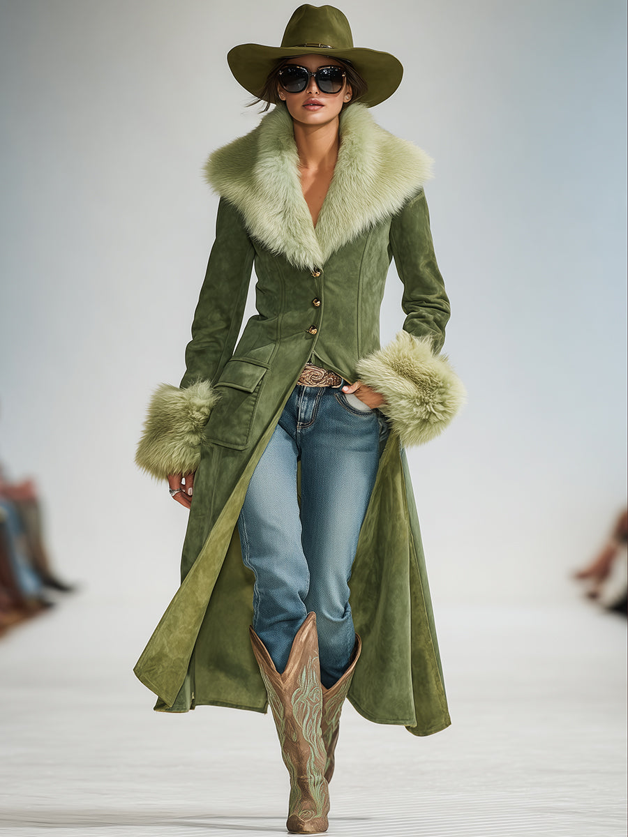 Veste Vintage en Suède Synthétique Verte avec Détails en Fausse Fourrure