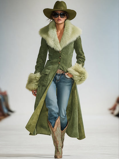 Veste Vintage en Suède Synthétique Verte avec Détails en Fausse Fourrure