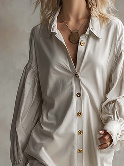 Robe Maxi Blanche en PU avec Col Revers et Boutonnage Avant - Élégance Décontractée