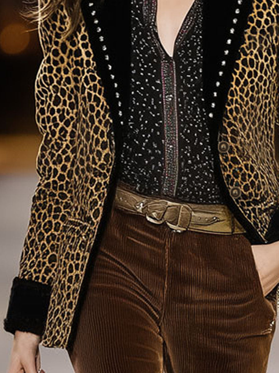Blazer Rétro en Velours Imprimé Léopard à Détails Contrastés