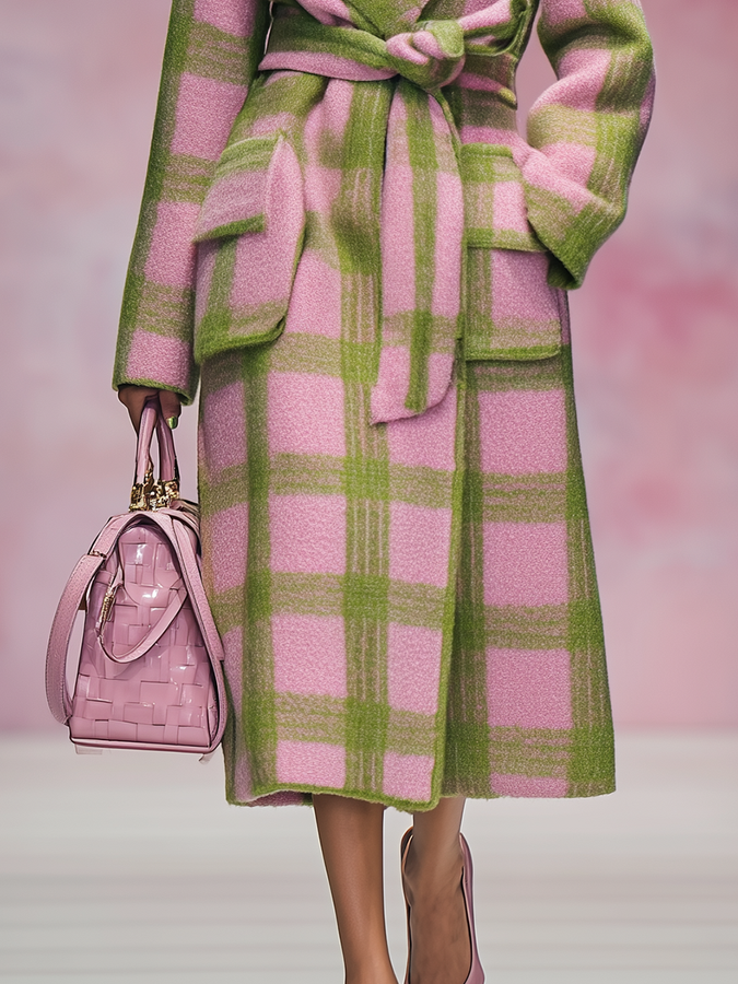 Chic et Élégant Manteau Long en Laine à Motif Carreaux