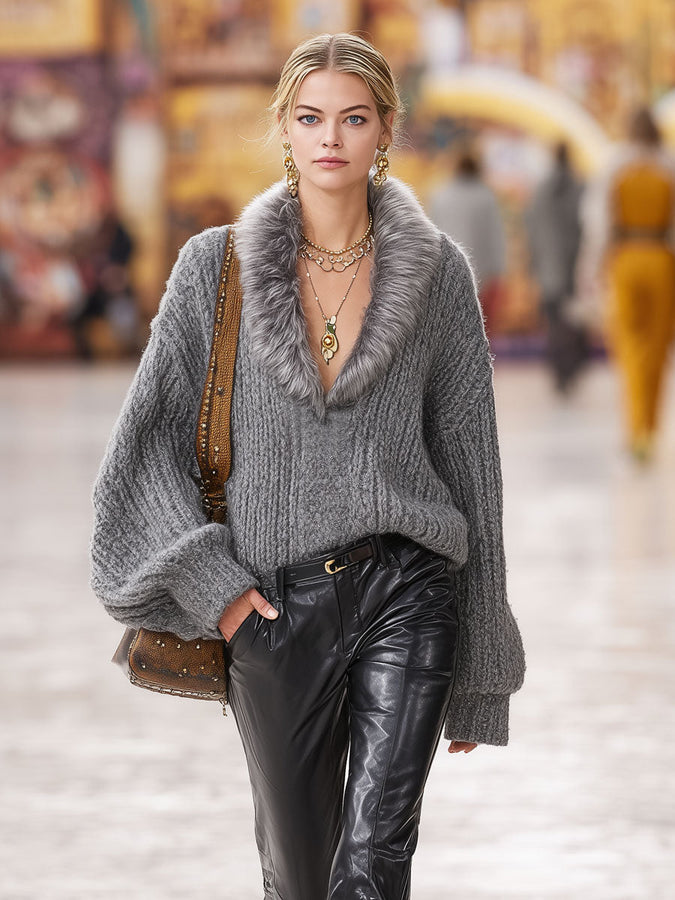 Pull décontracté en fausse fourrure avec col en V