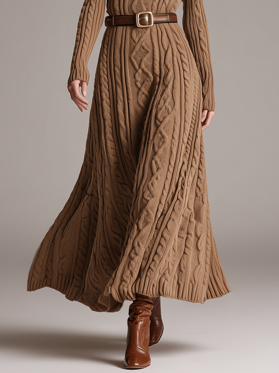 Robe Maxi Vintage en Maille à Col Roulé Long