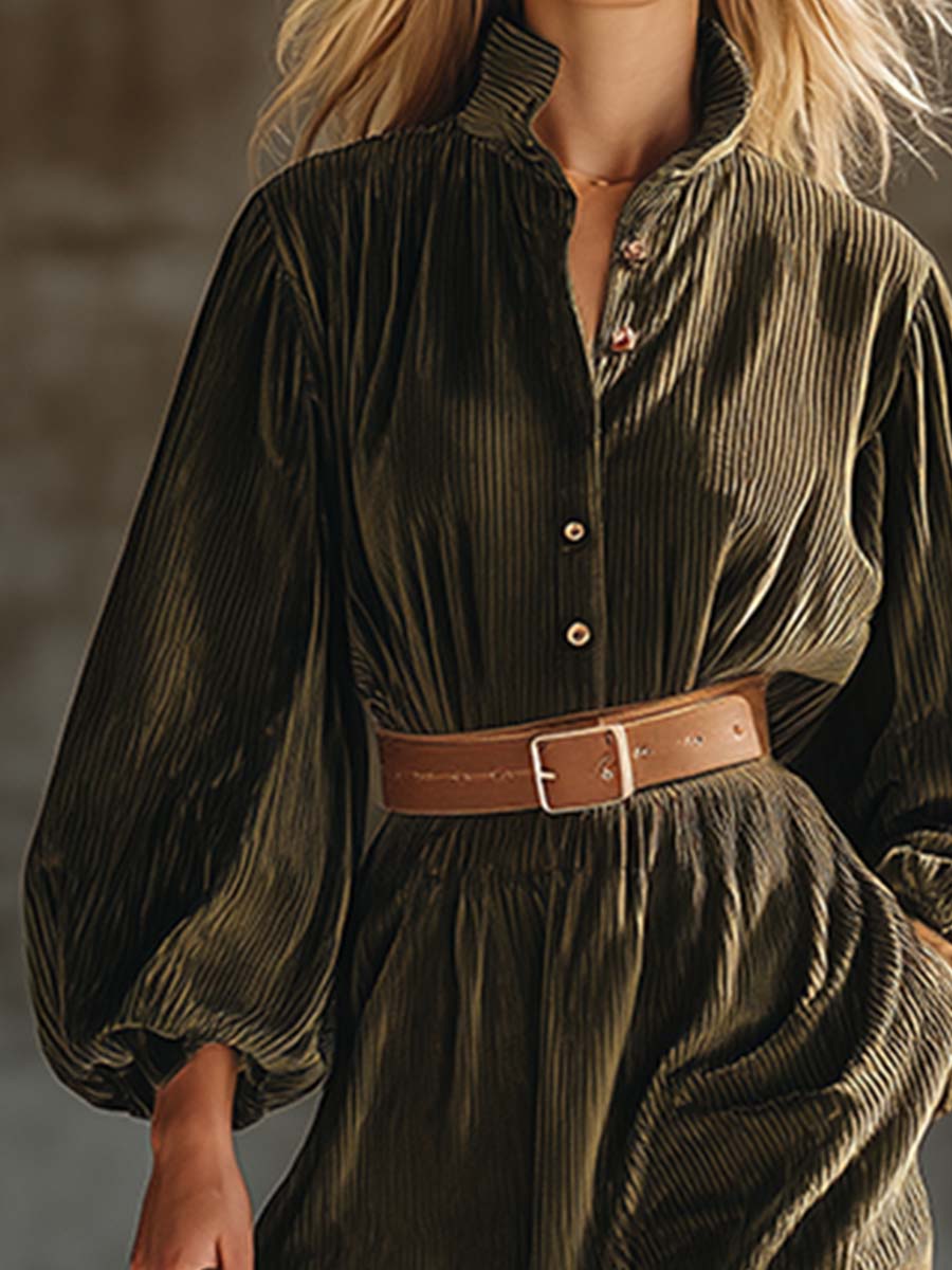 Robe Maxi Vintage en Velours Texturé Vert Armée