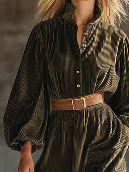 Robe Maxi Vintage en Velours Texturé Vert Armée