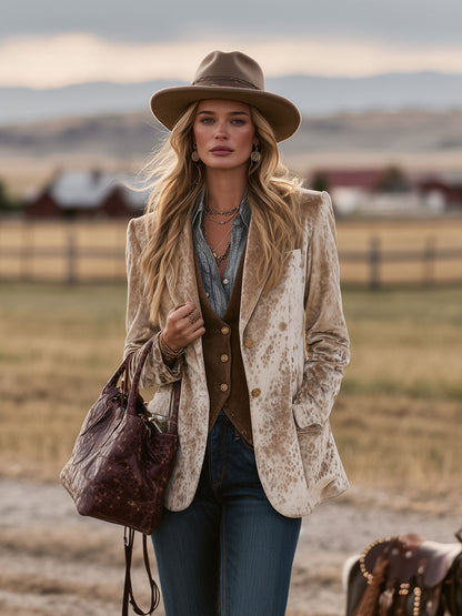 Veste en Velours Camel avec Motif de Cerf Sika - Élégance Nomade au Style Western Rétro