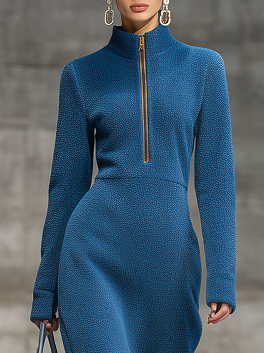 Robe Midi Zippée en Polaire Vintage - Élégance Décontractée en Bleu Foncé