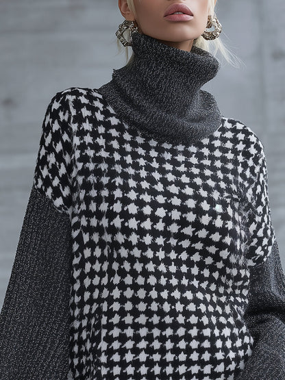 Robe Mini en Tricot Chic à Col Montant - Élégante Motif Pied-de-Poule Grise