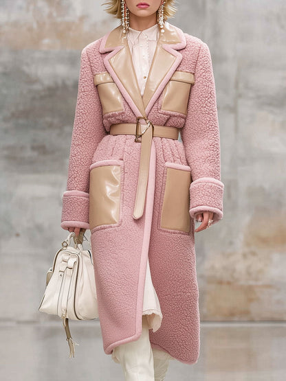 Veste mi-longue en polaire rose vintage avec revers en simili cuir