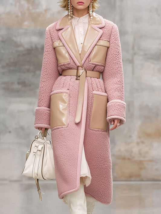 Veste mi-longue en polaire rose vintage avec col en simili cuir