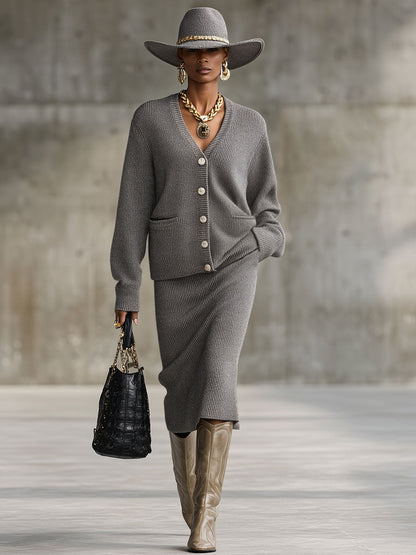 Ensemble Chic : Cardigan V Loose avec Poches Doubles et Jupe Tricotée