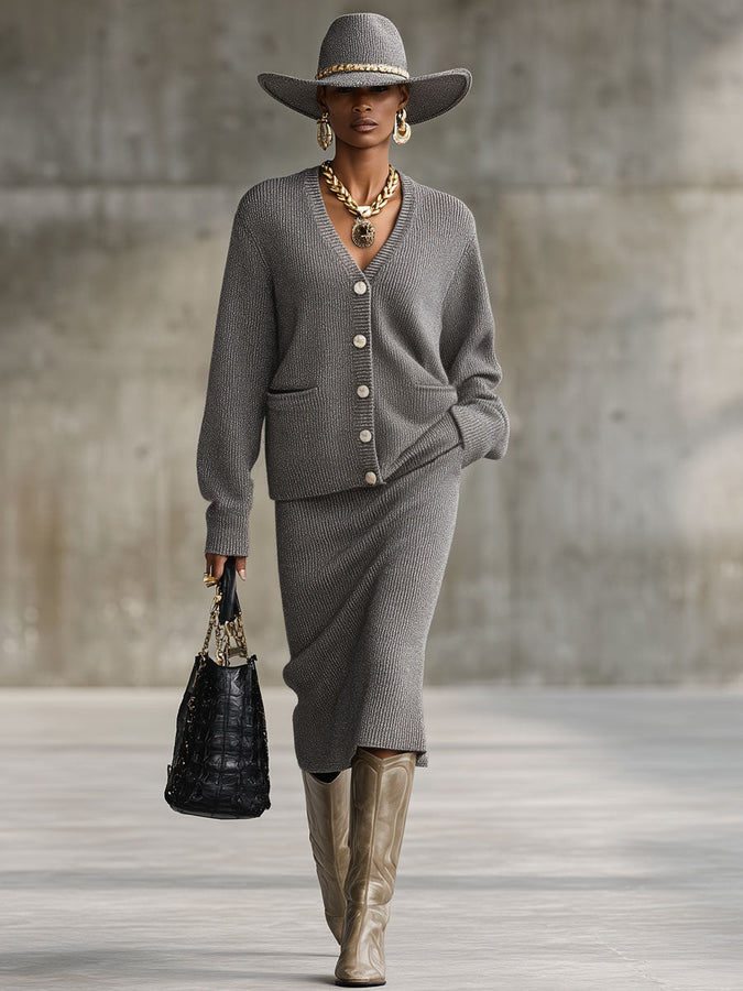 Chic V-Neck Knit Cardigan with Double Pockets and Matching Knit Skirt