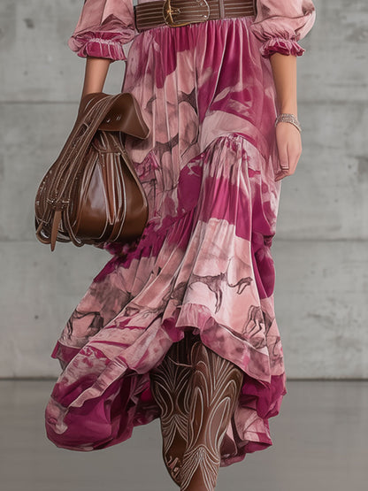 Robe Maxi en Velours Rose avec Imprimé de Cerf Sika - Élégance Rétro au Style Nomade Urbain