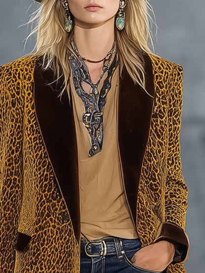 Veste en Velours Doré à Imprimé Léopard Vintage Chic