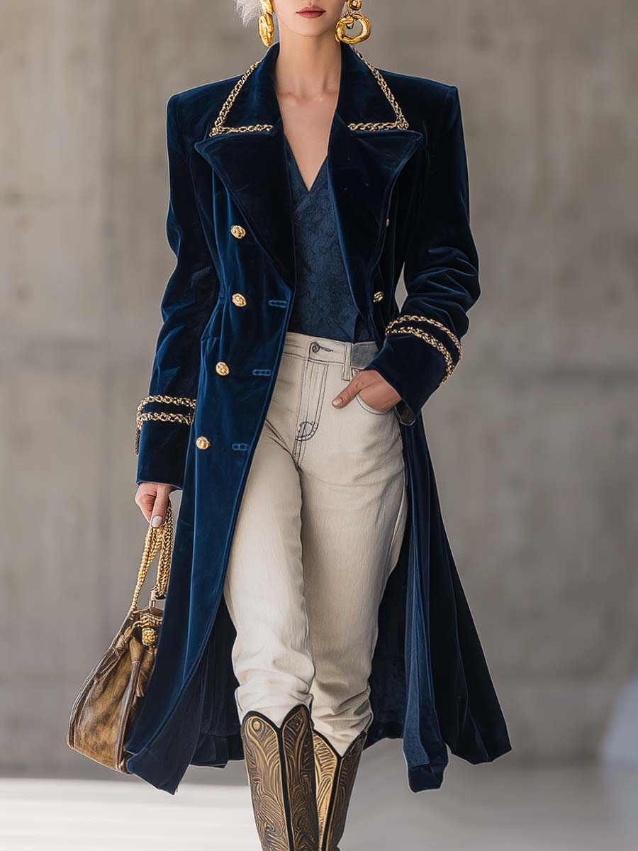 Veste en Velours Bleu Foncé avec Revers Ample et Boutons Dorés au Style Western Rétro