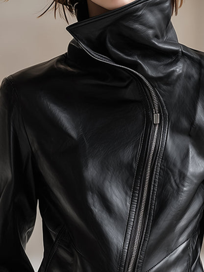 Veste Noir en PU avec Col Montant et Fermeture Éclair Asymétrique