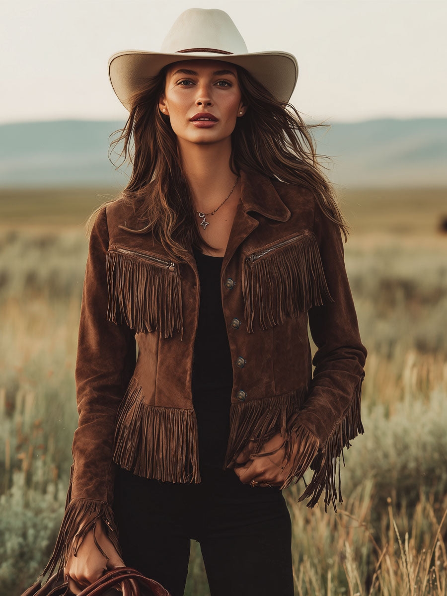 Veste en Suède Marron avec Franges - Élégance Western à Zip