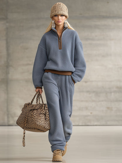 Ensemble Fleece Polaire Bleu avec Détails Marron Rétro : Sweatshirt et Pantalon Zippé