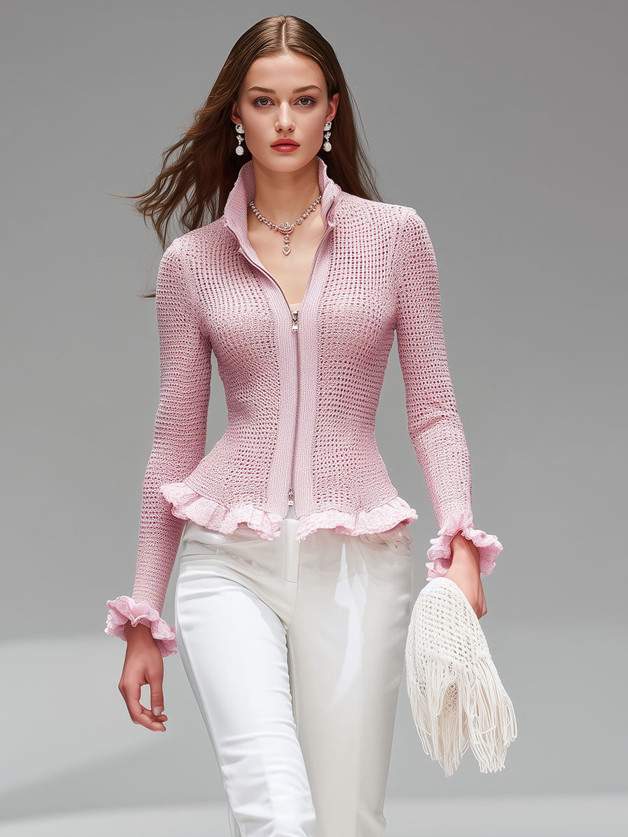 Cardigan Aéré Rose avec Col Montant, Fermeture Éclair et Détails Volants