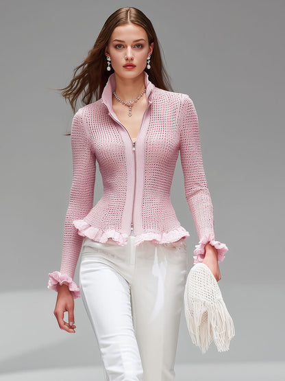 Cardigan Aéré Rose avec Col Montant, Fermeture Éclair et Détails Volants