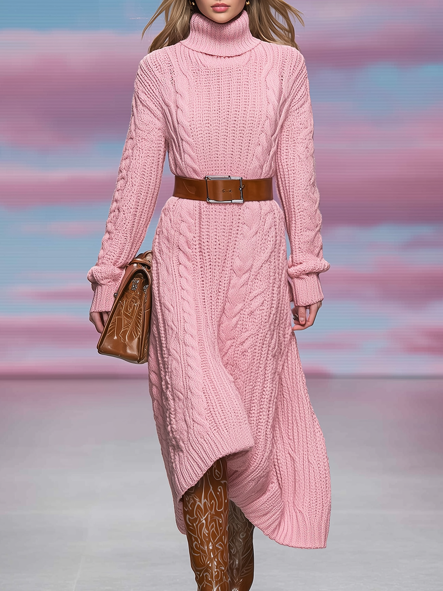 Robe Vintage Tricotée avec Col Montant et Manches Longues