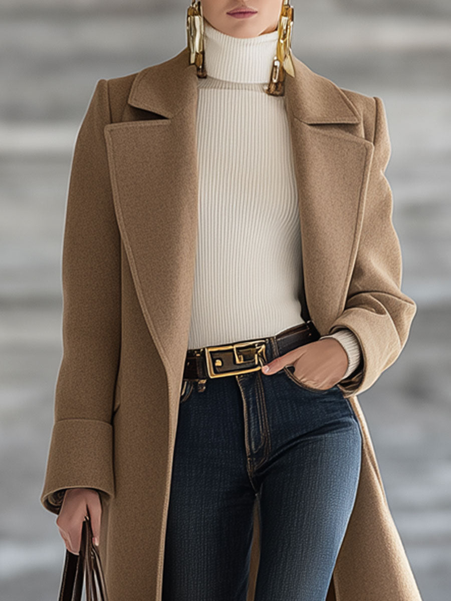 Long Retro Dark Khaki Wool Coat with Oversized Collar